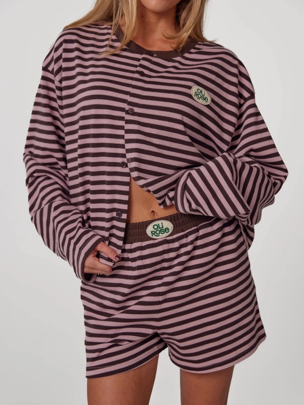 Oli Rose Brown Set of a Pink Striped Lounge Cardigan and Striped Lounge Shorts